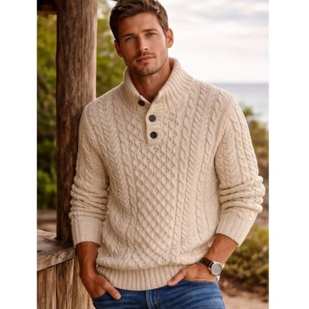 L.L. Bean Men’s Cable Knit Fisherman Sweater Size Small 100% Cotton Beige Chunky